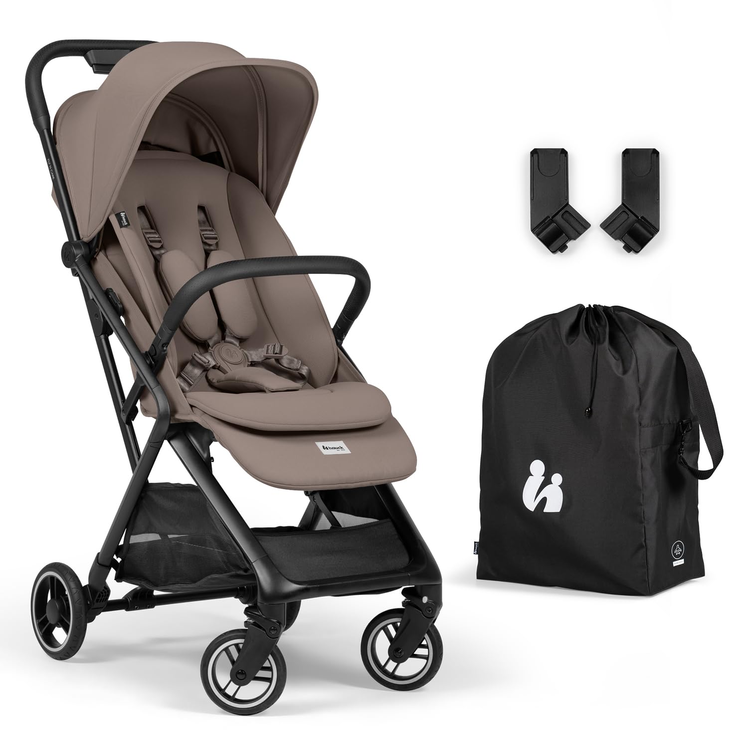 hauck All-in-One Reisebuggy Set, Flugzeug Handgepäck, Fly N Care Mocha | Einhändig klappbar mit Tragetasche, Tragegurt, Sitzauflage, UV-Schutz 50+, XL Netzfenster, Liegeposition ab Geburt bis 22 kg