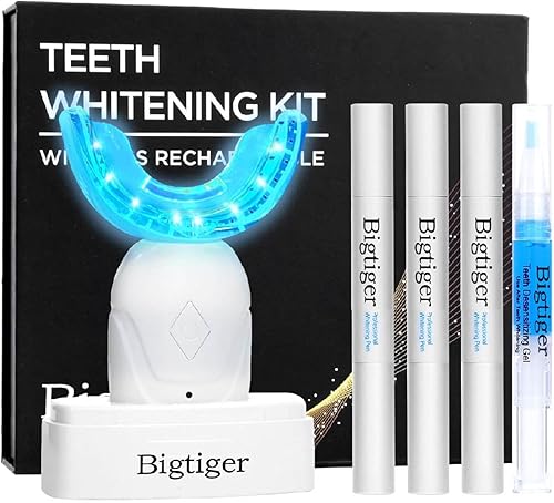 Bigtiger Kit de blanqueamiento de dientes, con luz LED inalámbrica, bandeja de blanqueamiento de dientes, gel blanqueador, probado para blanquear