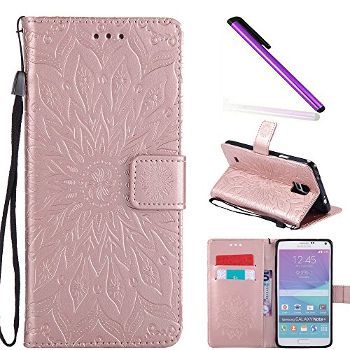 COTDINFOR Samsung Galaxy Note 4 Coque Lucky Fleurs Fille Femme Élégant Portefeuille de Carte de Crédit Magnétique Flip PU Étui Cuir Protéger Housse pour Samsung Galaxy Note 4 Sunflower Rose Gold KT