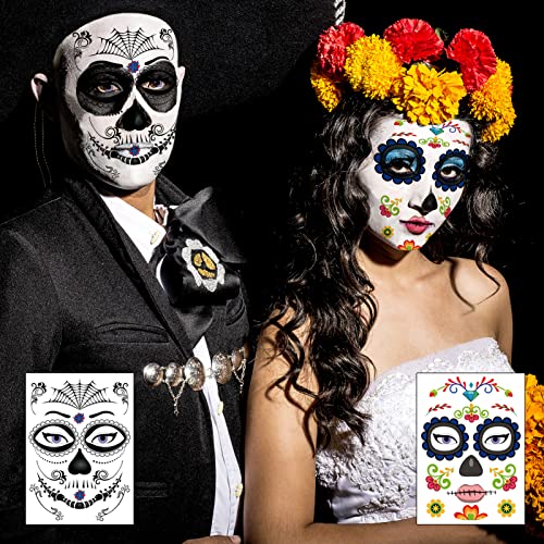 Tailaimei 12 Sheets Day Of The Dead Face Skeleton Tattoos/Dia De Los Muertos, Halloween Sugar Skull Costume Makeup Temporary Tattoos For Costume Apparel Party #TOP22