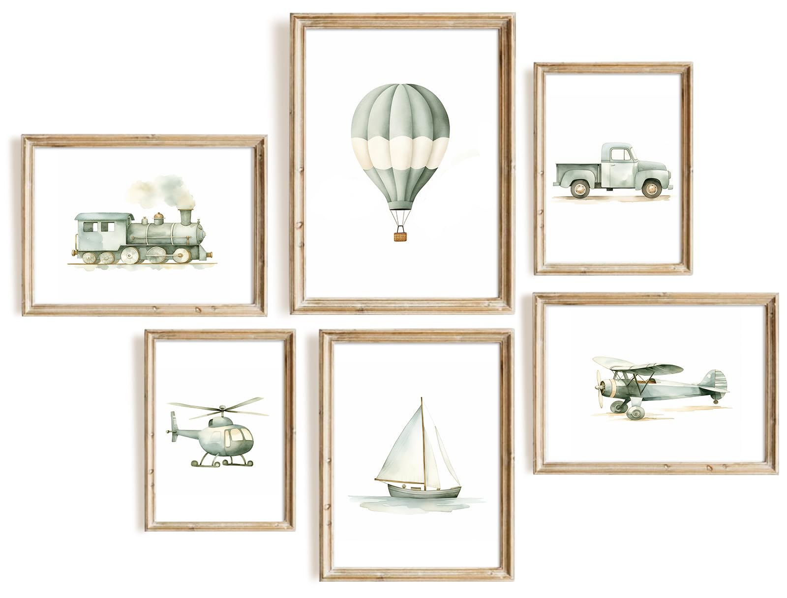 Uniro Vintage Travel Nursery Wall Art Print for Toddler Boys Room Decor, Green Transportation Car Airplane Nursery Wall Decor, Vehicle Train Boat Hot Air Balloon Pictures Wall Decor, Nursery Poster for Bedroom Playroom Kids Room decor (Unframed)