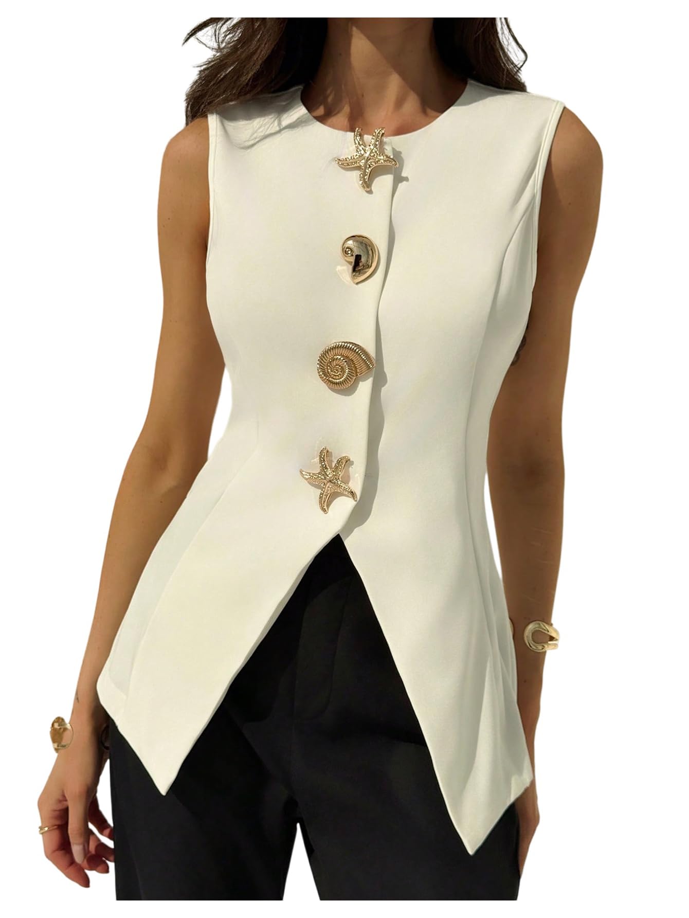 Floerns Womens Fall Fashion Metal Button Sleeveless Blazer Vest Tank Top Work Outfits