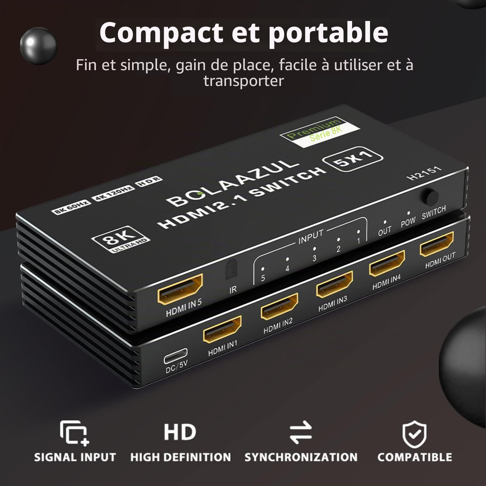 BolAAzuL Switch HDMI 4K 120Hz 5 Entrées 1 Sortie Commutateur HDMI 2.1 5x1 8K 60Hz/2K 144Hz Multiprise Multi Switcher avec IR Télécommande, Multi-Ports Switch Hub HDM I HDR, pour TV/Xbox Series X/PS5