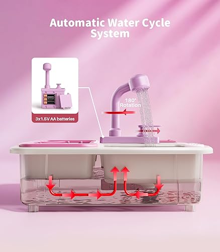 Miniatura 3 de Geyiie Mesa de agua para niños pequeños, fregadero de juegos con agua corriente, grifo real mejorado, escurridor de platos y alimentos para cortar,