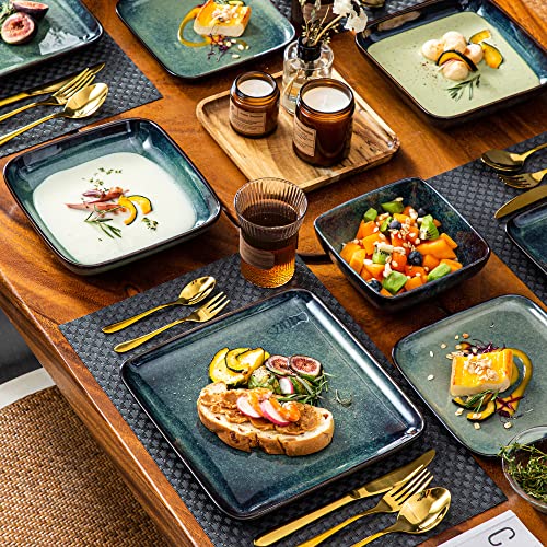 Vancasso Stern Green Dinner Set- Square Reactive Glaze Tableware- 32 Pieces Kitchen Dinnerware Stoneware Crockery Set With Dinner Plate, Dessert Plate, Bowl And Soup Plate Service For 8 #TOP4