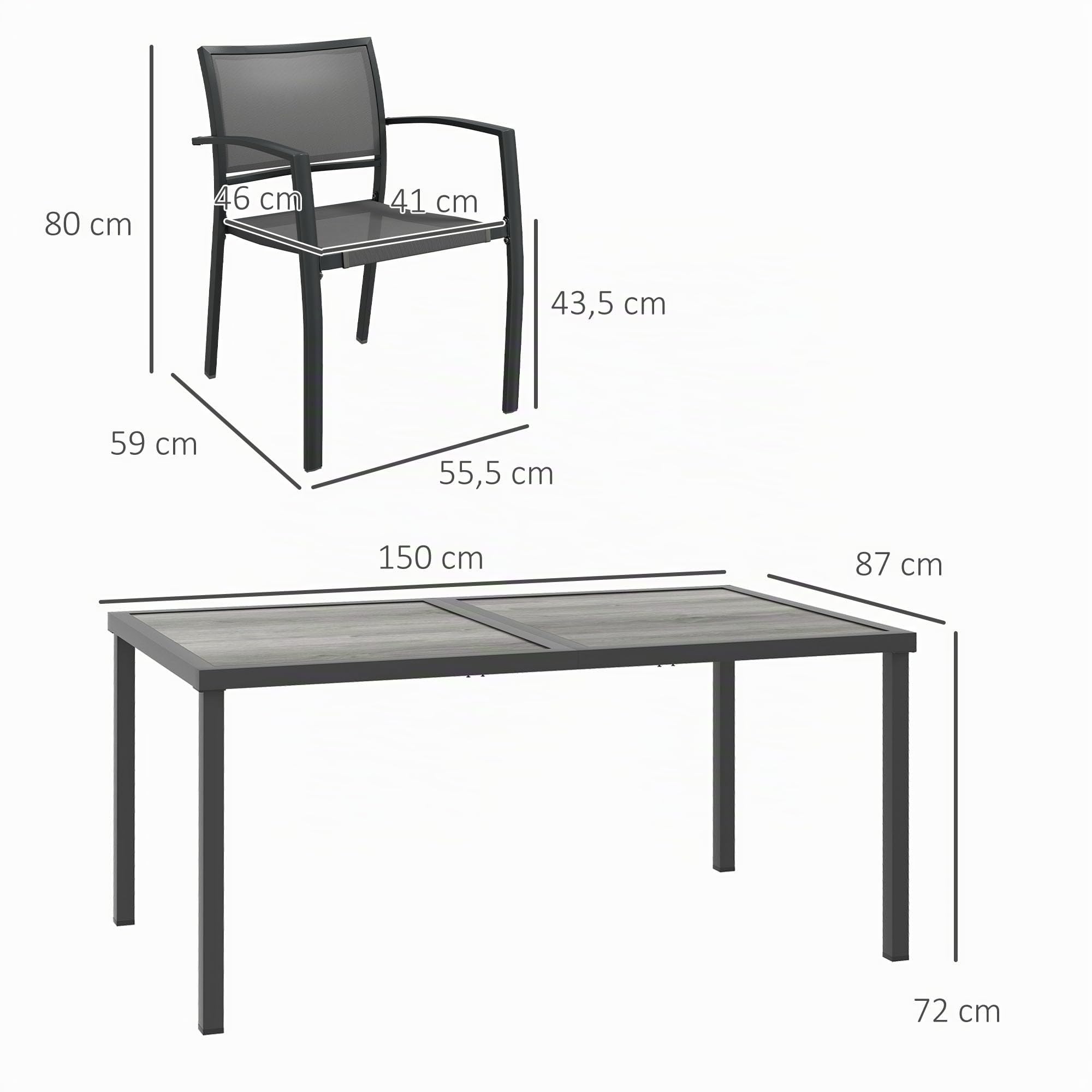 Outsunny 5 TLG. Sitzgruppe Gartenmöbel-Set, Gartengarnitur mit 1 Esstisch, 4 stapelbaren Stühlen, Sitzgarnitur, für Terrasse, Mesh, Dunkelgrau