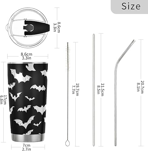 Miniatura 2 de Vaso de Halloween con aislamiento blanco y negro con diseño de murciélagos, taza de café para el regreso a clases, taza de viaje de oficina con