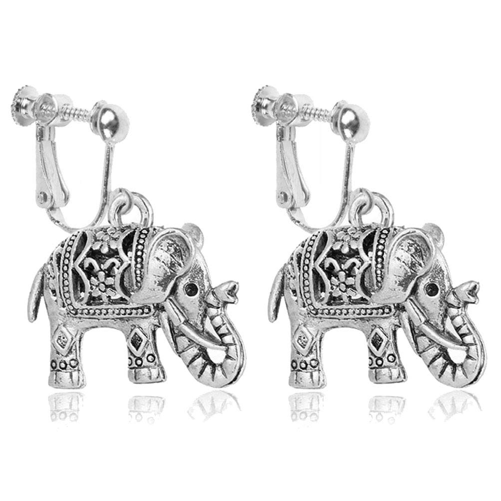 Classic Elephant Clip on Earrings for Girl and Women Native American Ethnic Animal Dangle Drop