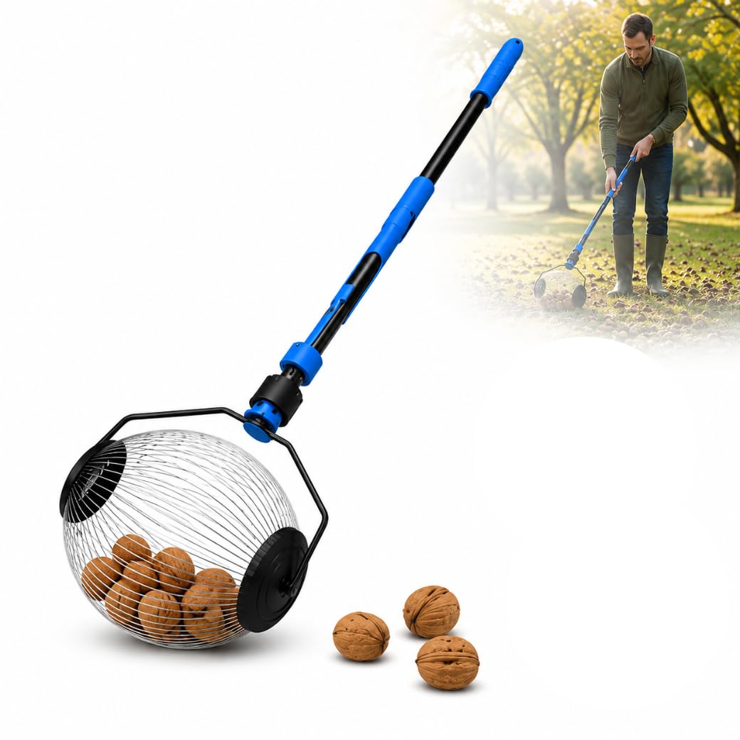 Ramasse Noix avec Manche Mécanique - Outil Cueillettes Jardin & Forêt – Ramasse Noisette et Ramasse Pomme - Cueilleur Inoxydable 1m, Léger, Anti-Douleur Dos, Facile à Utiliser