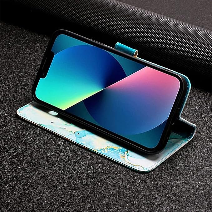 Image of ClickCase Marble Series Faux Leather Back Case Card Holder Wallet with Magnetic Closure Flip Cover for iPhone 15 Plus (Marble Green)