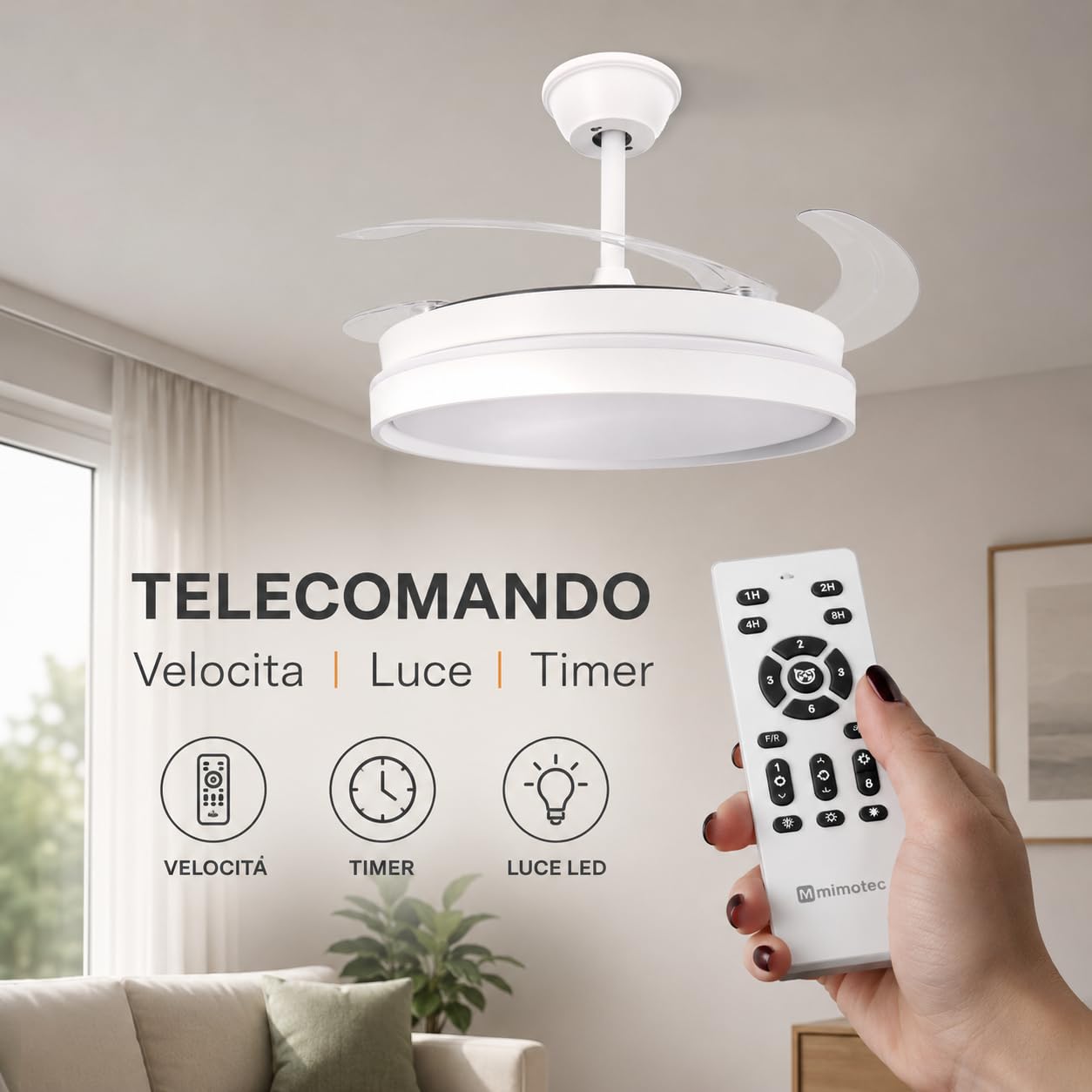 M mimotec- Ventilatore da Soffitto White Afar Retrattile con Luce LED CCT 40W Ø107 cm, Motore DC Silenzioso, Telecomando, 6 Velocità, Pale Pieghevoli, Timer e Funzione Estate/Inverno