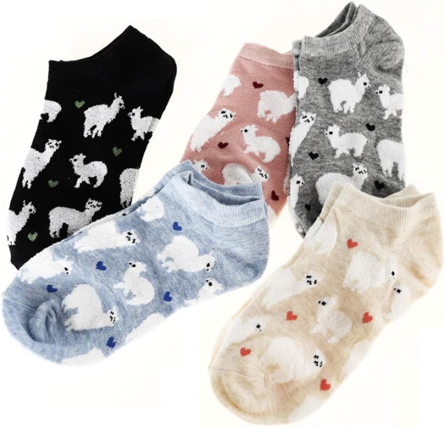5Pcs Women Girls Cute Cartoon Alpaca Ankle Socks Llama Cotton Socks Gift for Girls