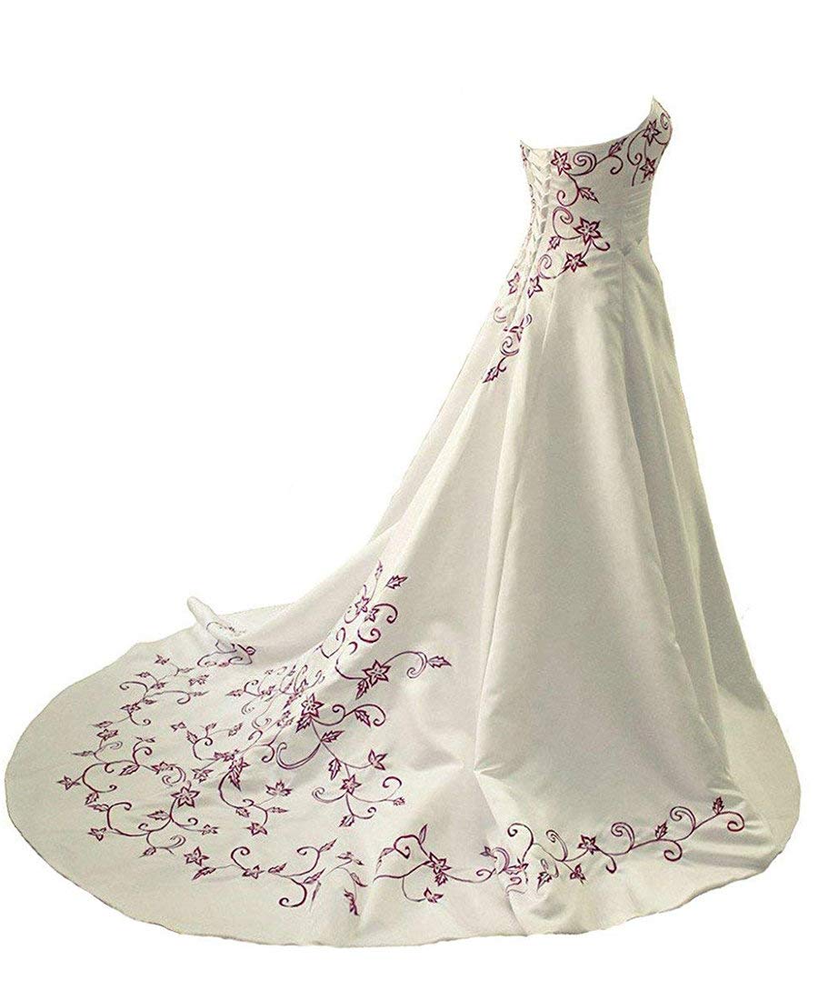 Vestido de Novia de Satén Bordado Rojo sin Tirantes, Blanco, 40