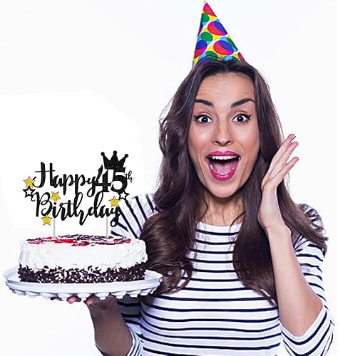 Miniatura 3 de Decoración para tarta de cumpleaños de 45 años, estrella negra con purpurina 45 y fabulosa selección para pastel de cumpleaños 45, aniversario,
