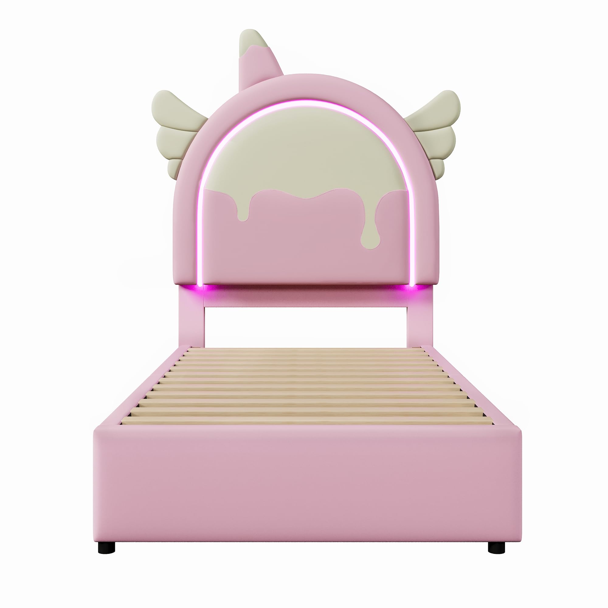 Lettino per bambini, 90 x 200 cm, con LED, struttura per letto singolo con 2 cassetti, struttura per letto singolo con rete a doghe e testiera a forma di unicorno, PU, rosa