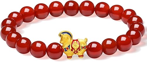 Pulseras elásticas de oro macizo de 24 quilates, con cuentas de ágata roja del zodiaco con caballo, joyería exquisita para mujeres, cumpleaños,