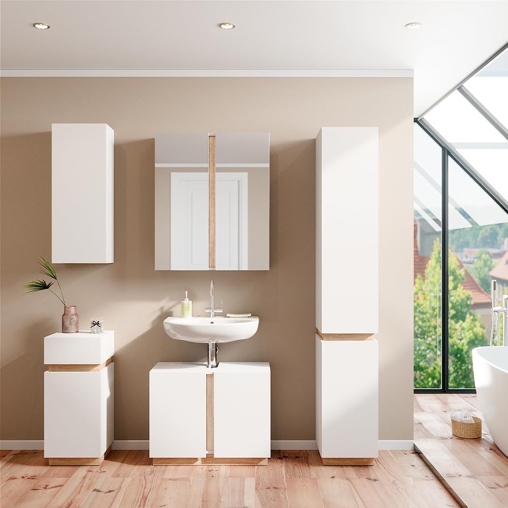 Vicco Armoire Murale Gloria, Blanc, 33x84cm | avec 2 étagères, avec découpe pour siphon et compatible avec la série Gloria