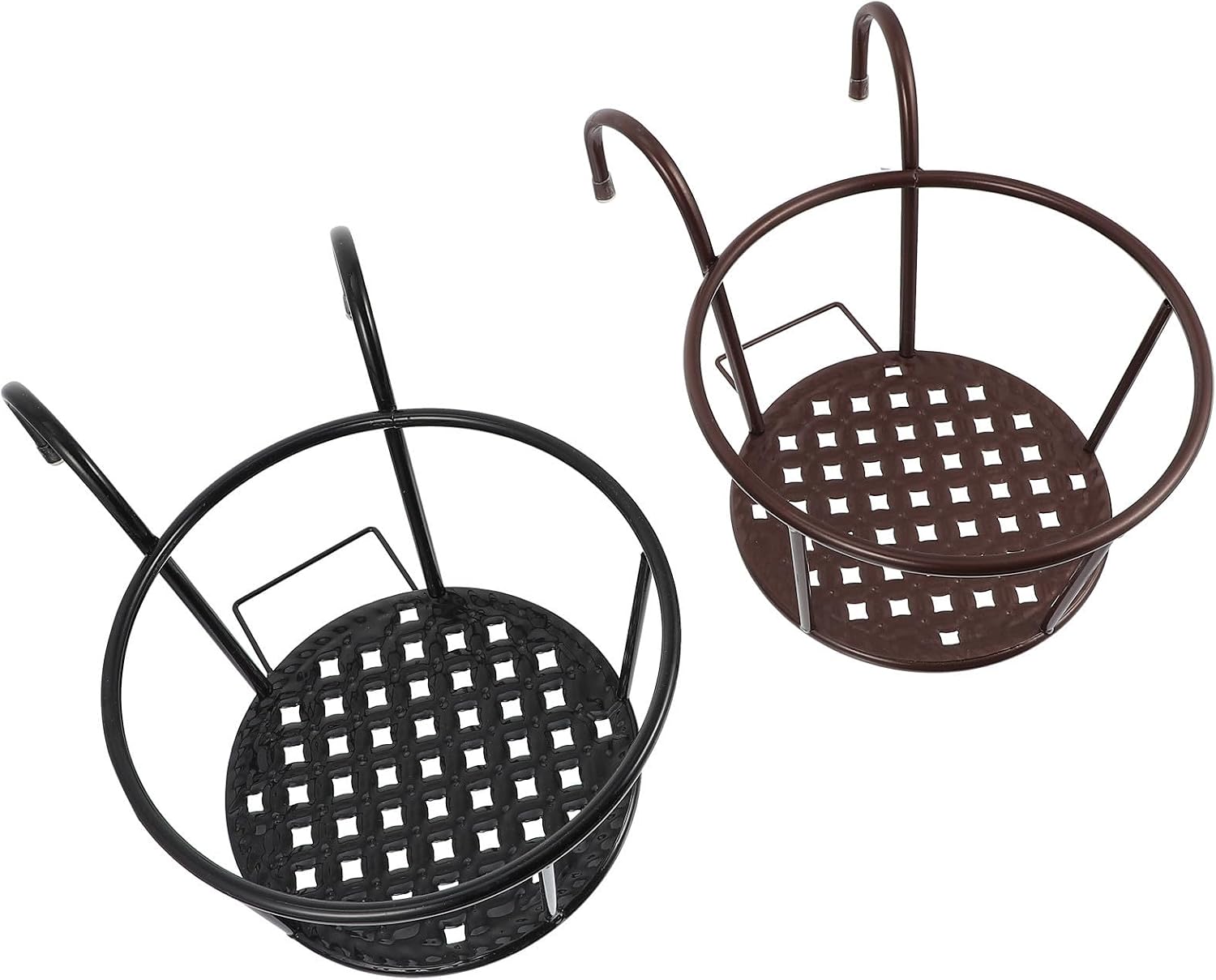 BESTonZON Iron Hanging Flower Pot Stands with Decorative and Sturdy Design for Balcony Railing 2pcs for Displaying Small Potted Plants and Flowers on Dorm or Home Balcony
