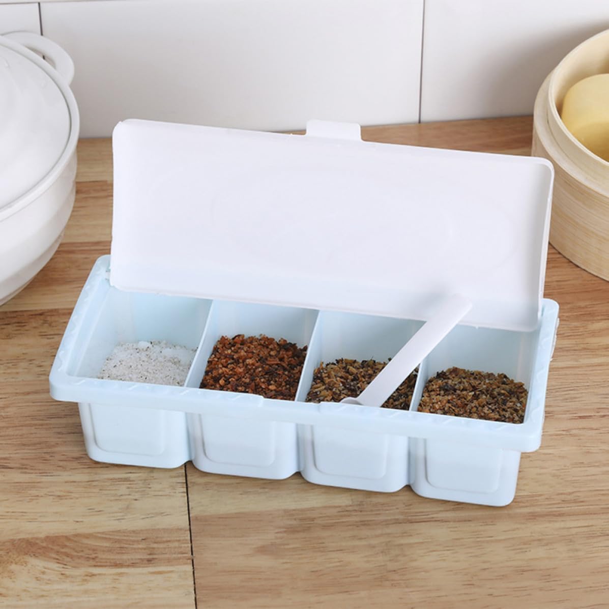 GANAZONO Four Compartment Seasoning Box Plastic Pink Kitchen Cruet