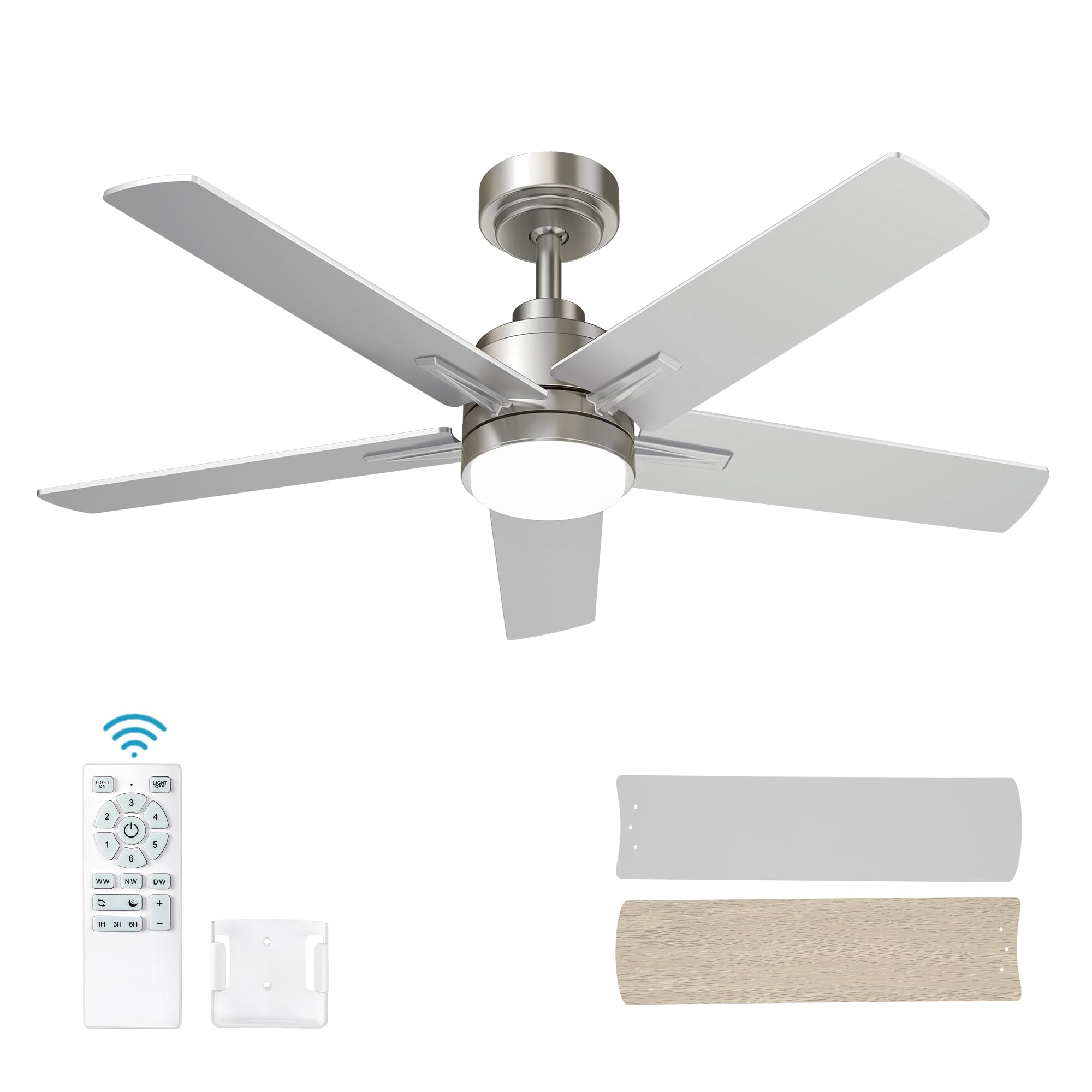 YUHAO 48 Inch Brushed Nickel Ceiling Fan with Light and Remote Control.Noiseless,Dimmable, 3CCT,6 Speeds Reversible, Modern DC Ceiling Fans for Indoor or Covered Outdoor Use,ETL Listed