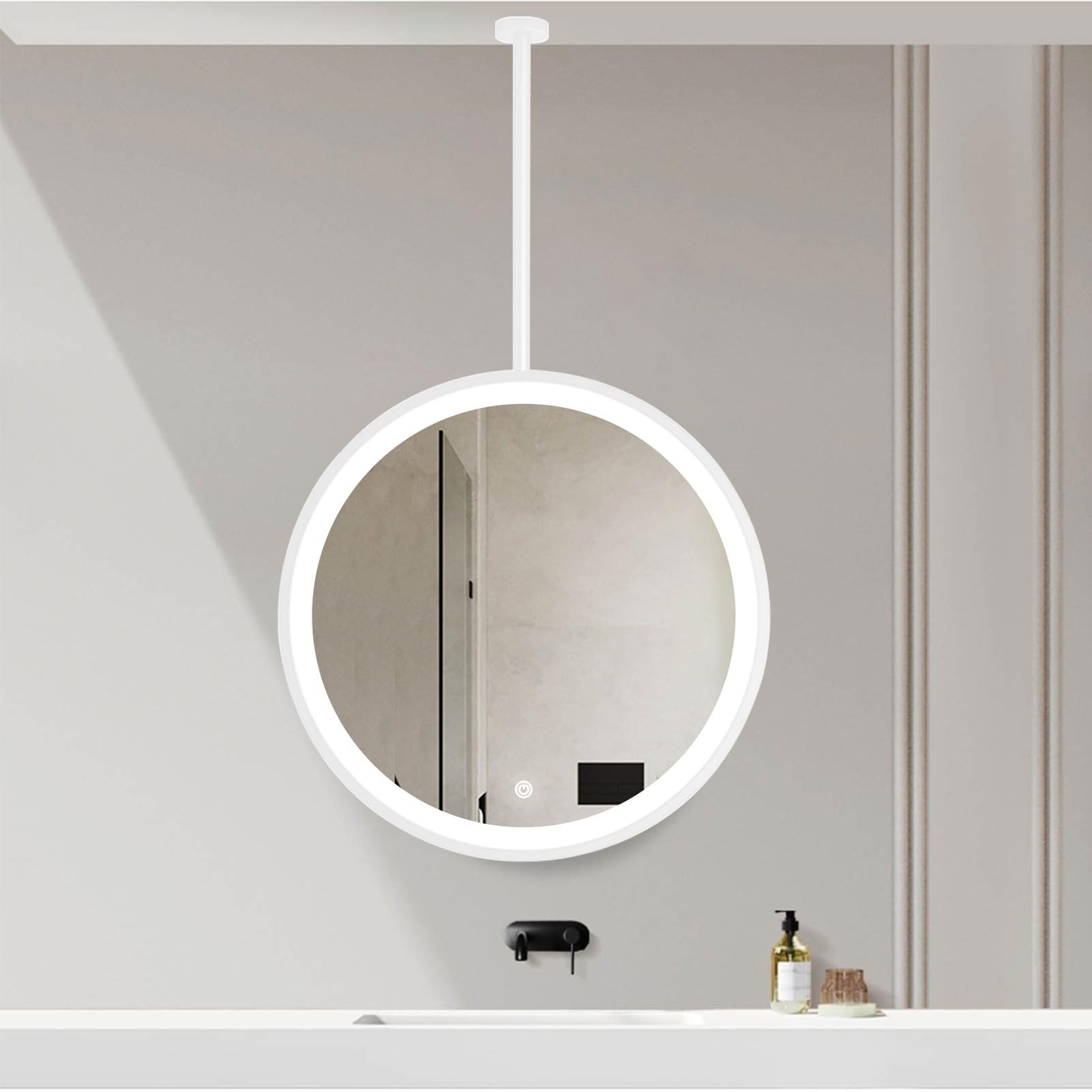 Miroir maquillage salle de bain LED rond suspendu plafond blanc 50 cm