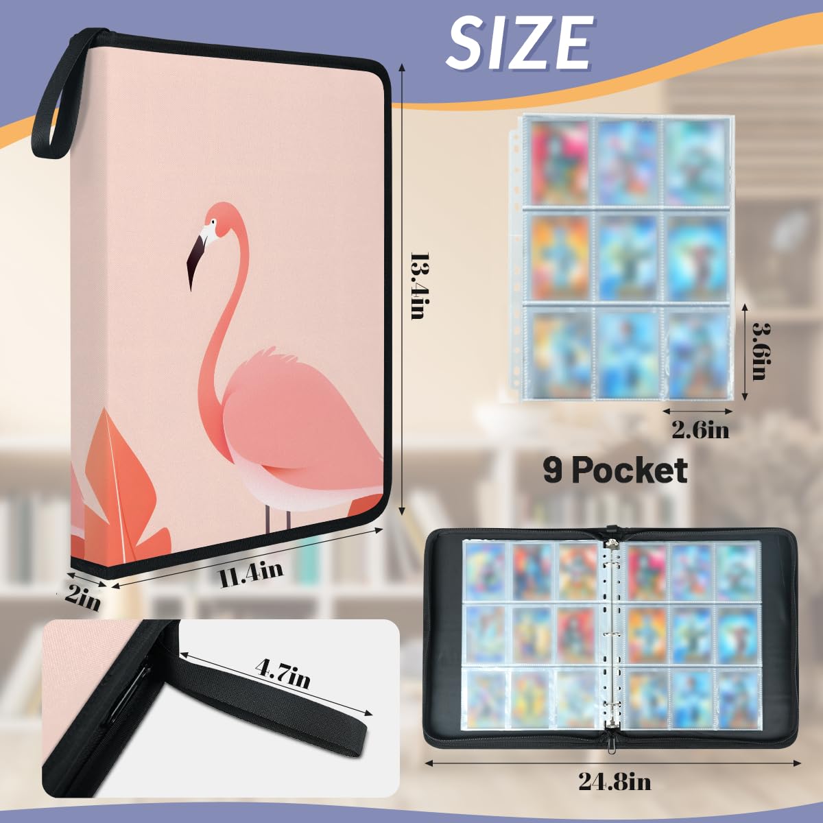 Raccoglitore per carte con 9 tasche, 900 tasche, con chiusura a cerniera (fenicottero rosa)