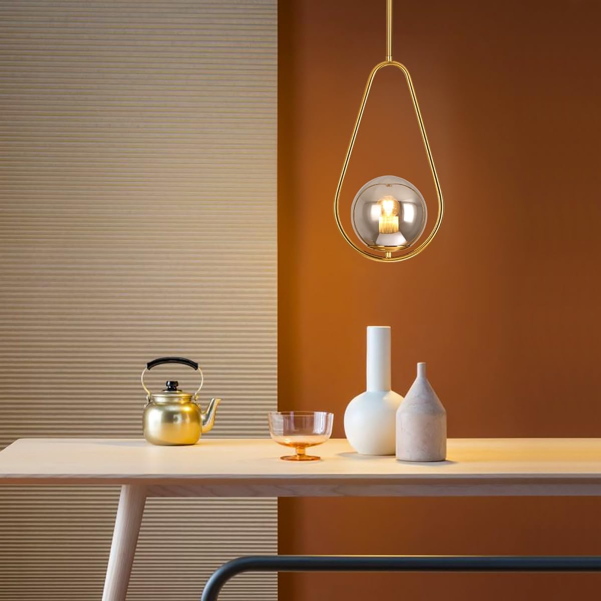 SeeU Pendant Lighting Brass Finished Modern Style Kitchen Island Lighting,One Light Glass Globe Pendant Light for Indoor Hanging Light Fixture,Adjustable Length Lamp for Dinning Room Bedroom（Grey）