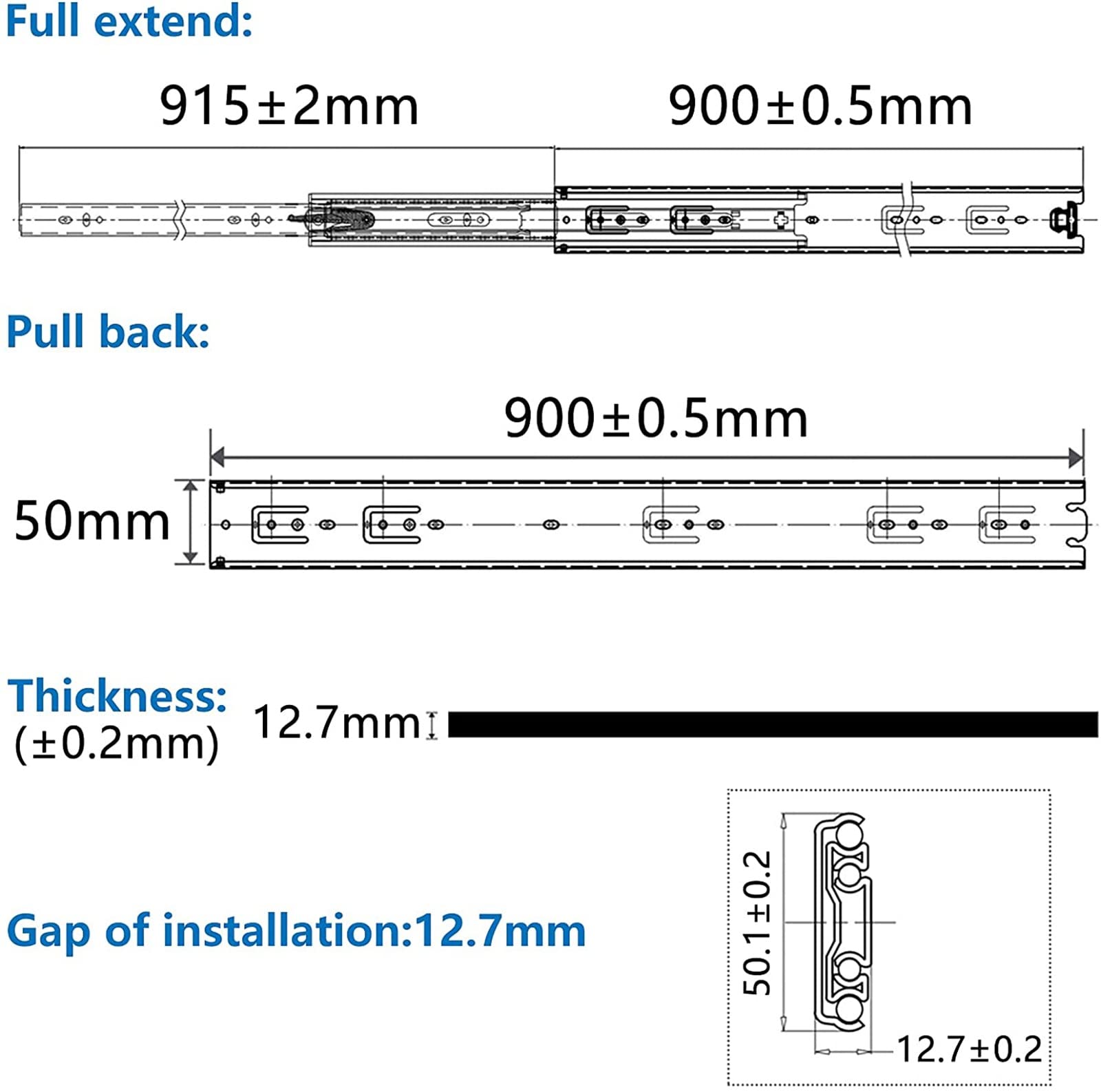 Prowadnice szuflad o dużej wytrzymałości 500 mm 68 kg Metalowe stalowe prowadnice szuflad z łożyskami kulkowymi Prowadnice rolkowe z pełnym wysuwem Szerokość prowadnicy szuflady 51 mm (900 mm/36 cal