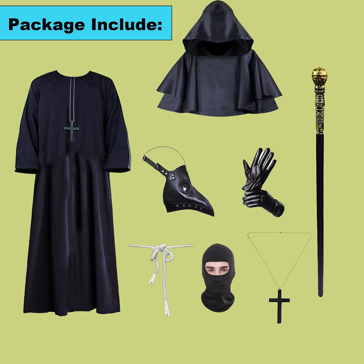 Medieval Plague Doctor Costume Mask Set,Black Hooded Halloween Cosplay Outfit for Adults Men Women,Teen