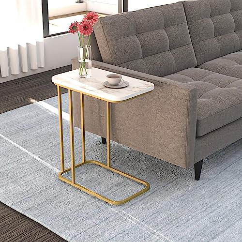 Image of DECOWORLD|| Metal Side Table with Marble Finish Wooden Top for Living Room, Sofa or Bed Side Stand