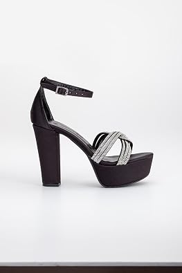 40mm Black Women's Platform Heeled Evening Shoes with Satin Knitted Stone