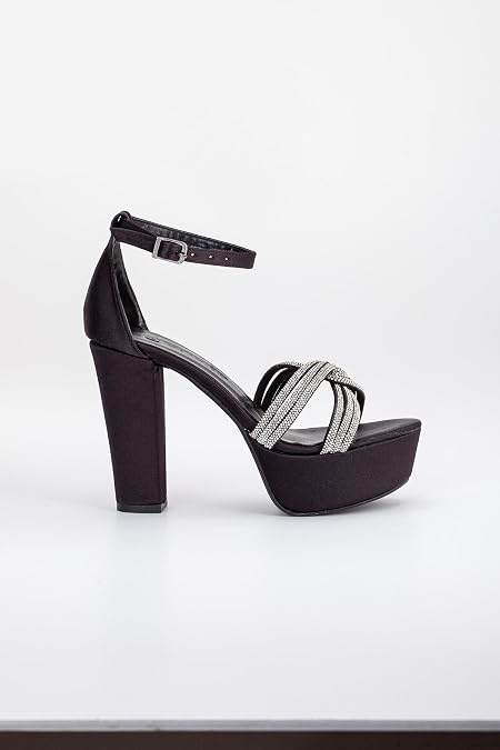 40mm Black Women's Platform Heeled Evening Shoes with Satin Knitted Stone