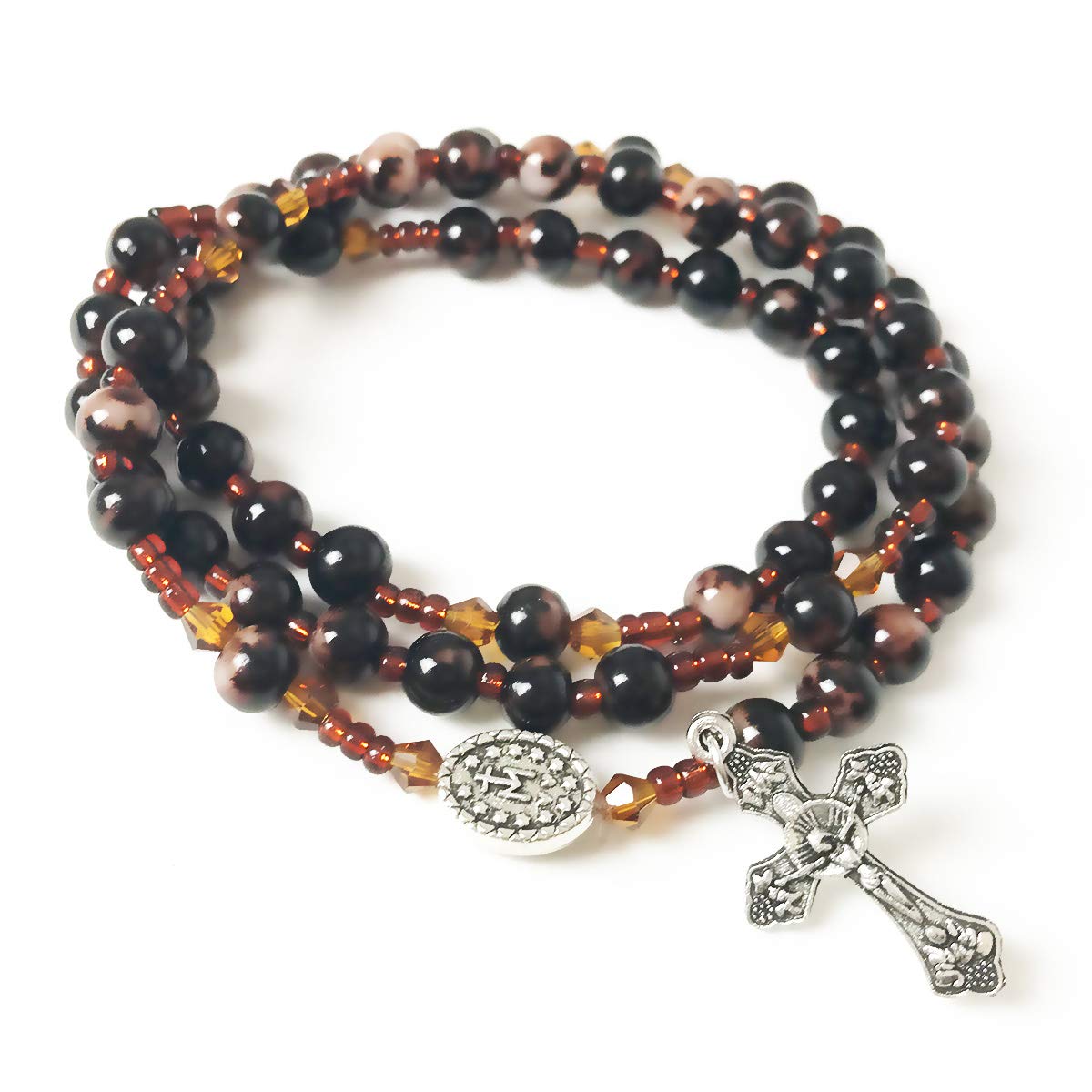 Marbled Espresso Miraculous Medal 3-in-1 Full 5 Decade Catholic Rosary Bracelet for Women - Rosary Beads Catholic For Men - Catholic Gifts - Rosarios Catolicos