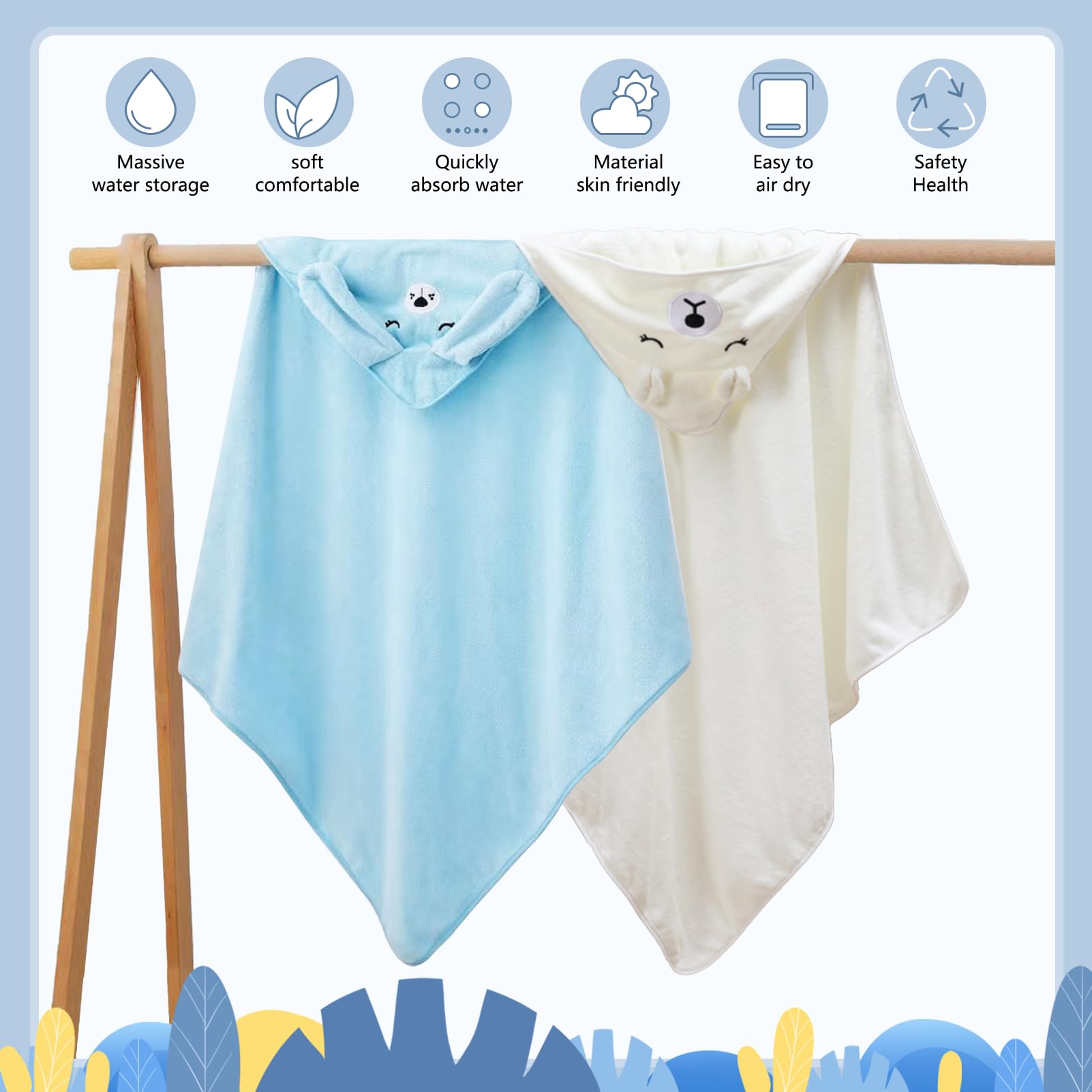 2 Pièces Serviette de Bain Capuche Bébé,Cape de Bain à Capuche,Serviette Housse,Sortie de Bain Bébé avec Design Animal,80 x 80 cm (Bleu et Blanc