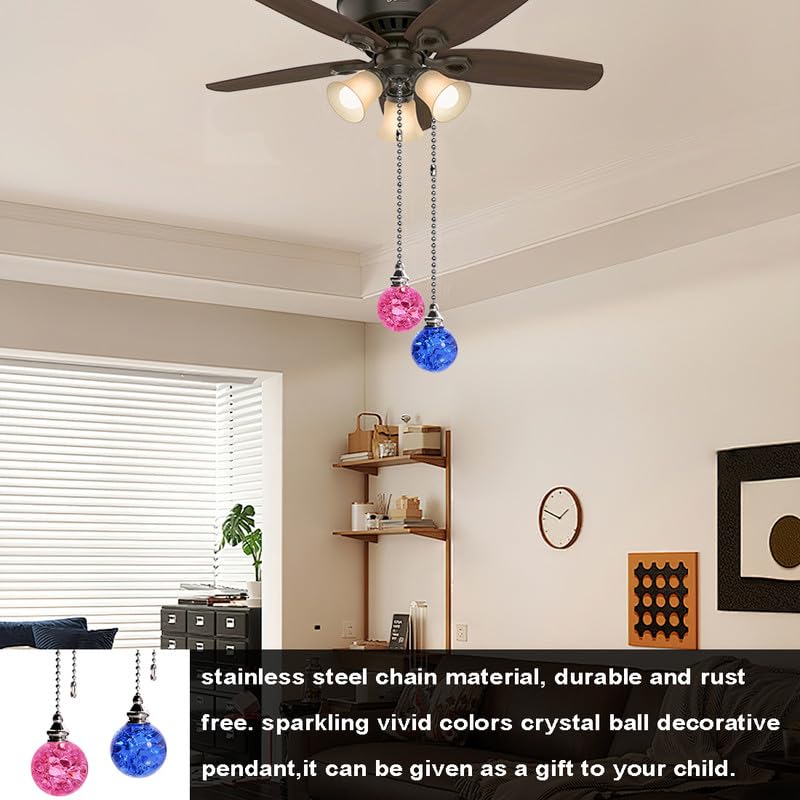 Image of 2pcs Crystal Ceiling Fan Pull Chain Ornament, 12 inch Ball Chain Pink & Blue Fan Light Pulls Decorative Extension with Connector, Sliver Chain