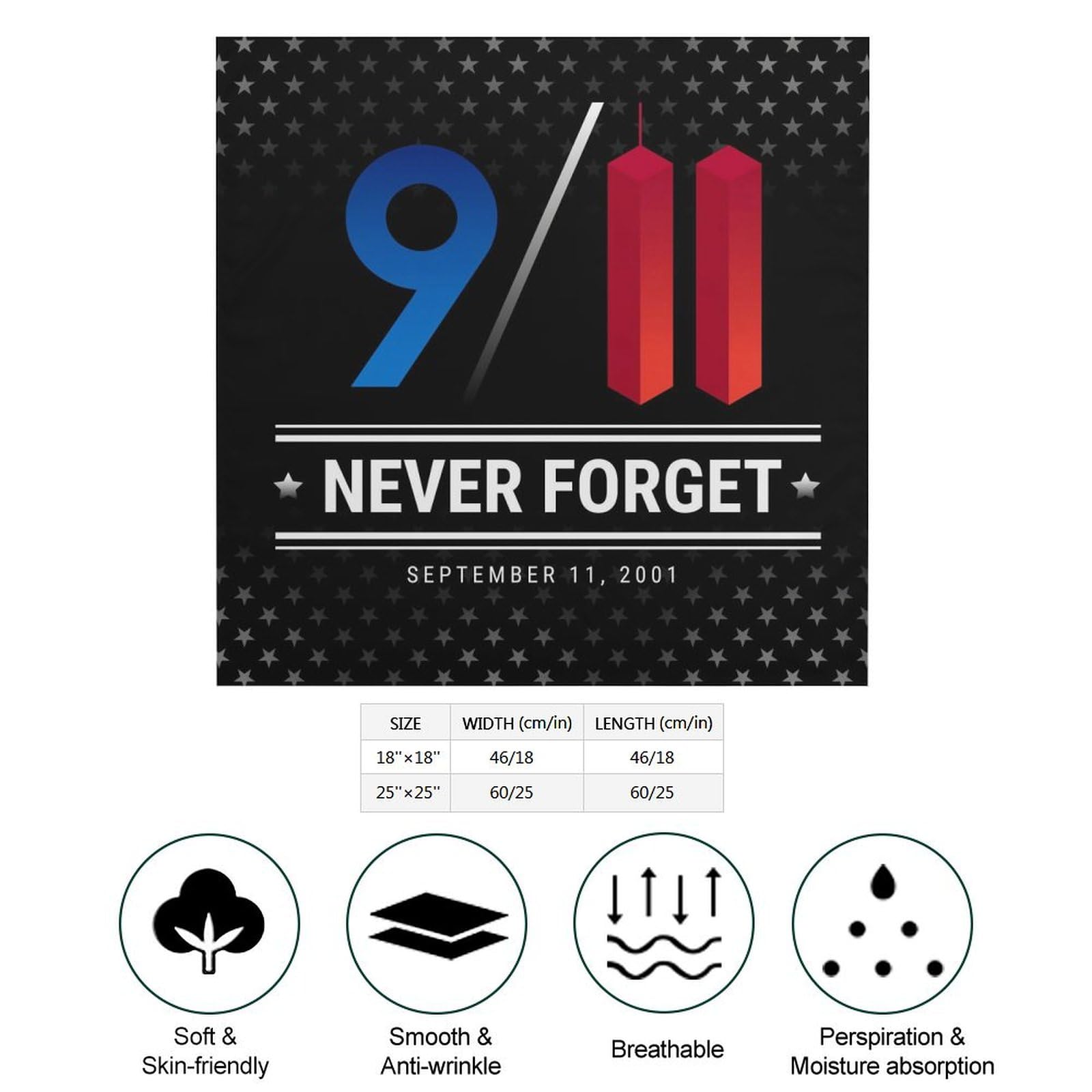 Csemeie 9/11 We Will Never Forget Bandana Hair Scarf Headband Adjustable Neckerchief for Men Women Decor