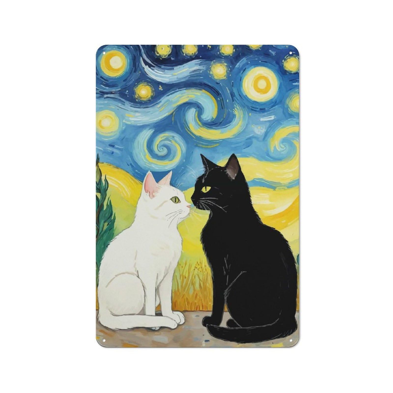 Starry Night Cats Metal Wall Plaque 30x20cm, Simple Retro Studio Wall Plaque for Office, Study, Studio Or Hallway