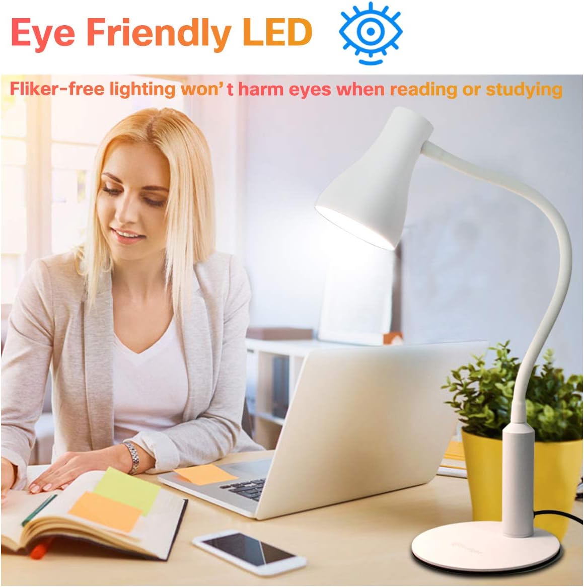 CeSunlight LED Desk Lamp, 3 Lighting Modes and 6 Brightness Levels, 10W Flexible Gooseneck Table Lamp for Living Room and Study, Remote Control with Timing Function, AC Adapter Included (White)