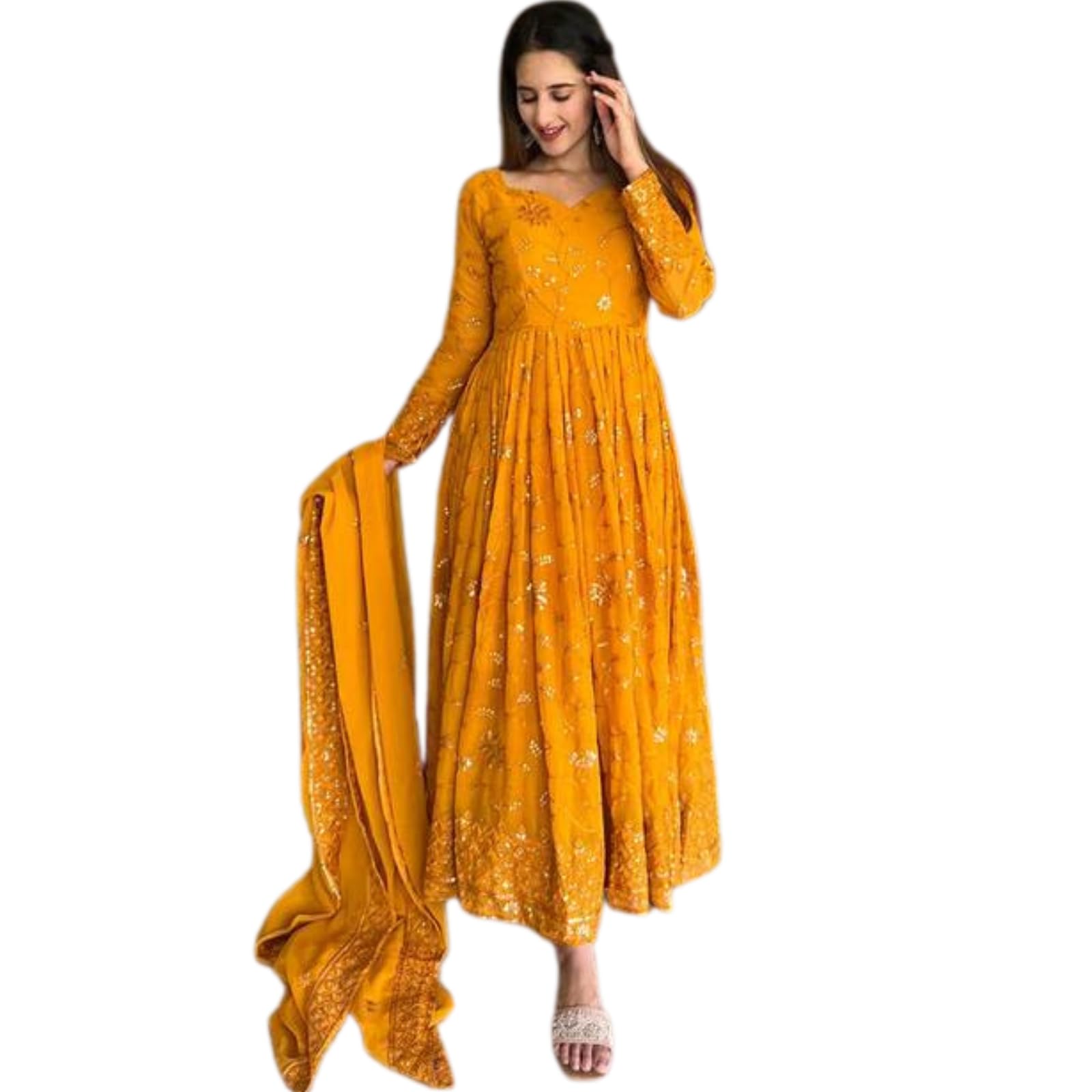 Women’s Mustard Yellow Anarkali Suit Set with Dupatta | Embroidered Georgette Ethnic Dress for Festive & Wedding | Long Flared Kurti with Churidar