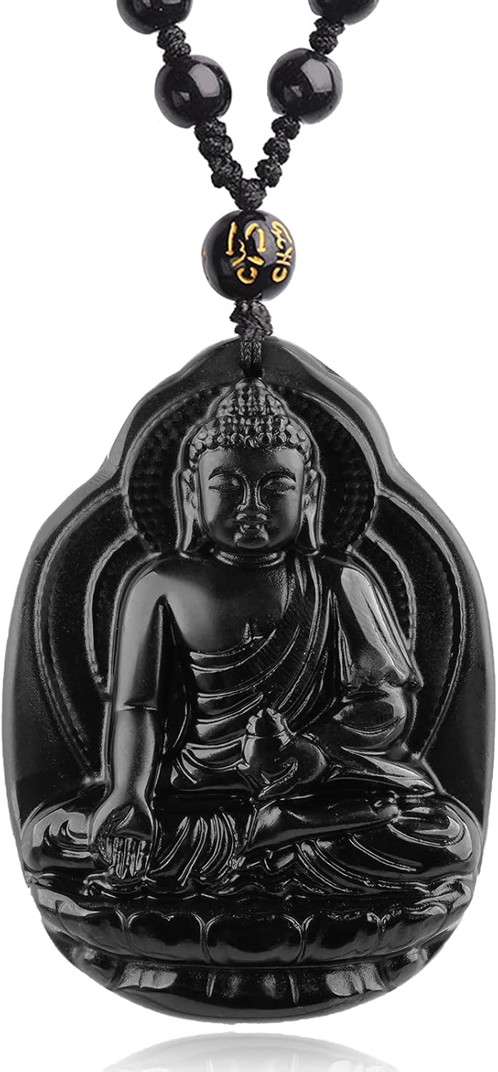 Black Obsidian Necklace Natural Crystal Amulet Protection Pendant with Adjustable Rope Lucky Talisman Necklaces Jewelry Gift for Men Women