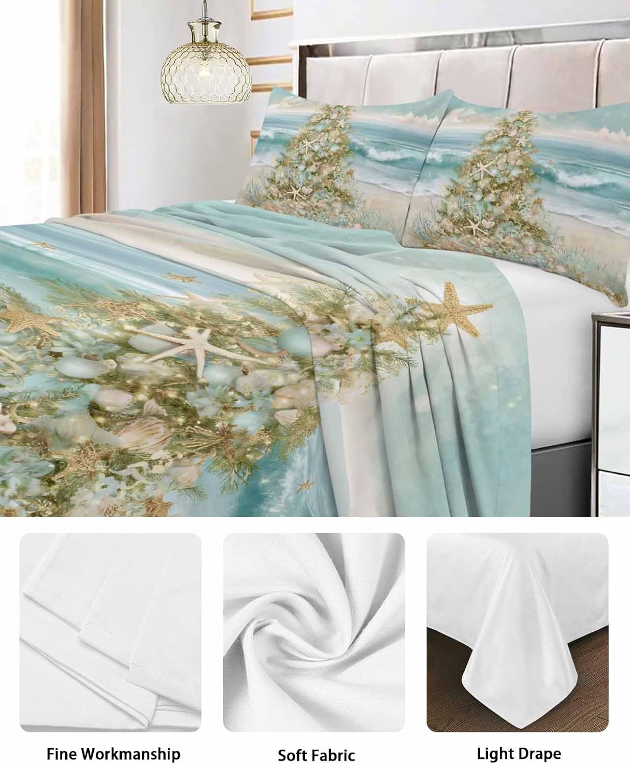 Queen Size Flat Sheet Only, Coastal Beach Soft Brushed Microfiber Bed Sheets, Summer Ocean Wave Starfish Coral Trees Hotel Quality Breathable Bedding Top Sheet, Easy Care, 90"x102"