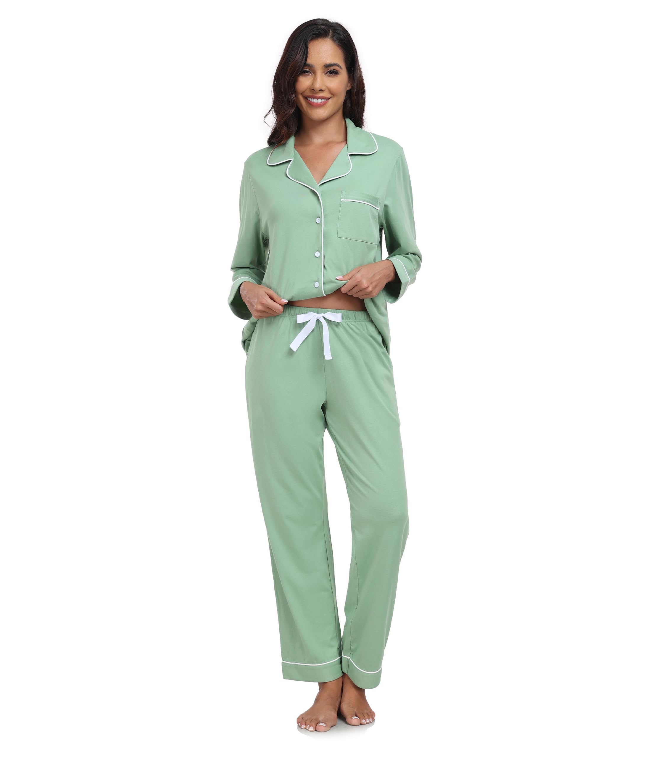 COLORFULLEAF Pijama para mujer, 100% algodón, con botones, manga larga, conjunto de pijamas de dos piezas