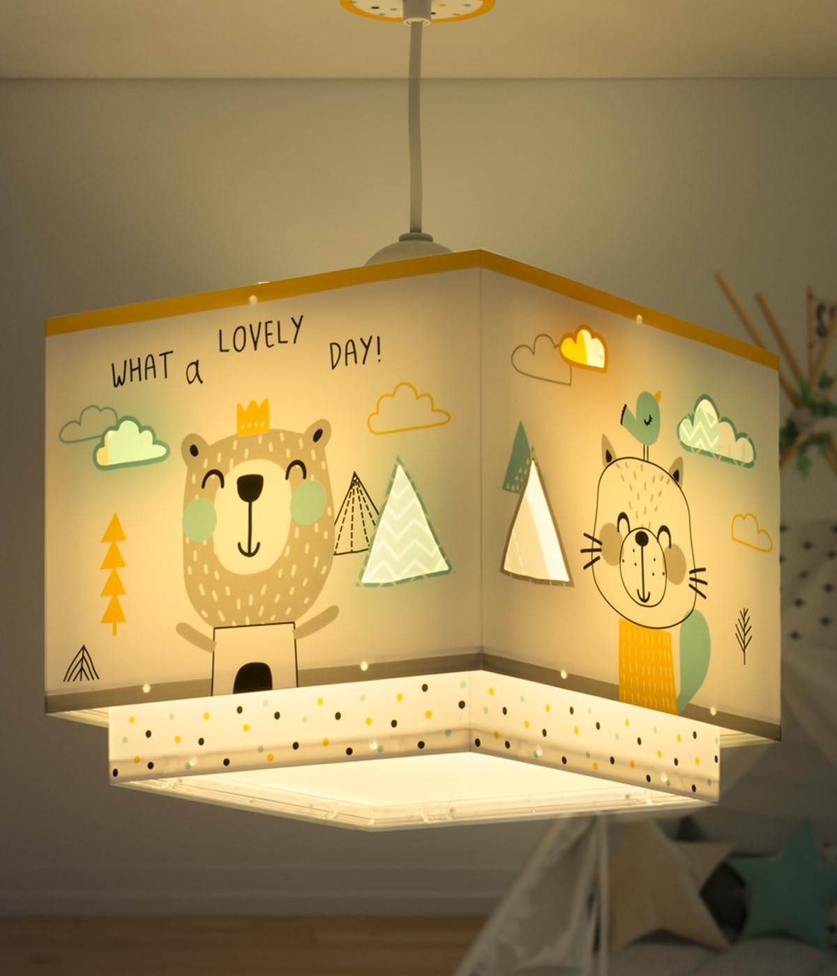 Lampada a sospensione per bambini Dalber Hello Little, con animali del bosco, multicolore, modello 73242M, attacco E27, ideale per la cameretta dei bambini.