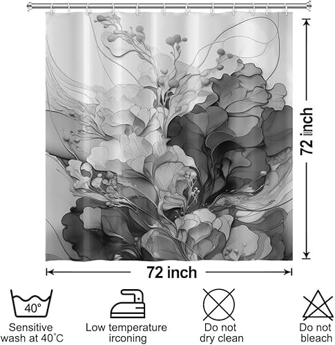 Miniatura 3 de Cortina de ducha con flores grises para baño, juego de cortina de ducha de mármol gris claro y blanco con ganchos, decoración floral abstracta para