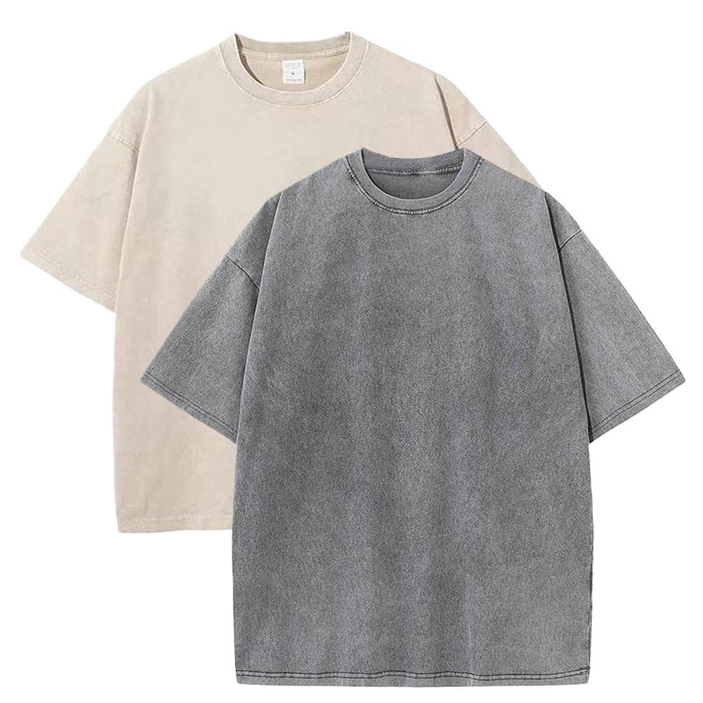 Botong Pump Covers T-Shirts Workout T Shirts for Men Oversized Gym Loose Fit Tshirt Vintage Heavyweight Tee Apricot+Grey XL
