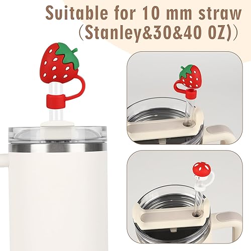 Miniatura 2 de 4 fundas de paja de silicona de 0.394 in con diseño de hongos y fresas para tazas Stanley, 30, 40 onzas, tapa de popote para vasos, reutilizable, a