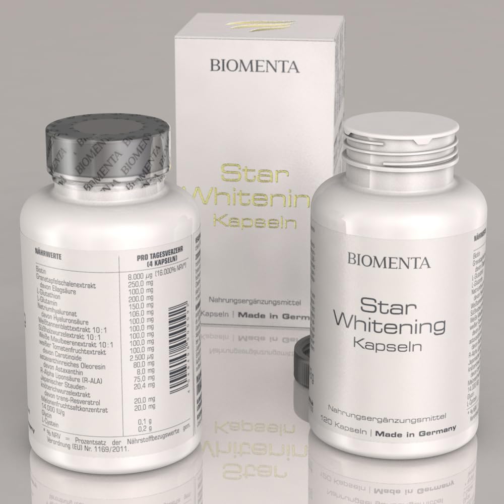 BIOMENTA Star Whitening - Hochdosierter Wirkstoffkomplex - 120 Haut Kapseln mit L-Gluthation, Aminosäuren, Pflanzenextrakten - Premiumqualität