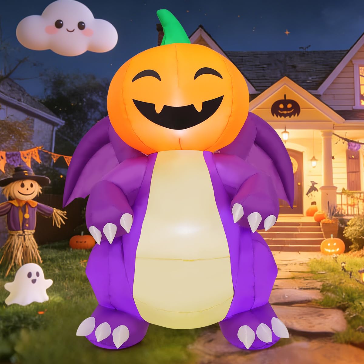 COMIN 6FT Halloween Inflatables Pumpkin Head Dragon Yard Decor with LEDs | Built-in LEDs and pumpkin head dragon design for Halloween lawn, garden, porch and party displays.