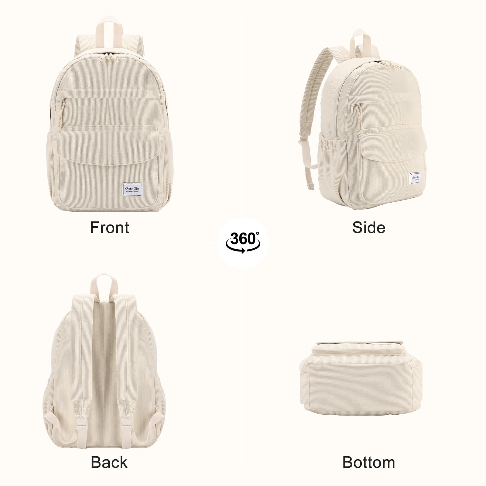 Chase Chic Sac a Dos Fille,Loisir Sacs Ecole Cartable Filles,16,7 L Sacs Scolaire Daypacks School Bag pour Travail, Voyage,école,College,Beige