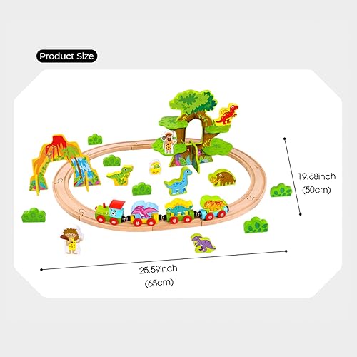 Miniatura 8 de TOOKYLAND Juego de tren de dinosaurio de madera, 40 piezas, pistas, tren, figuras y decoración, a partir de 3 años